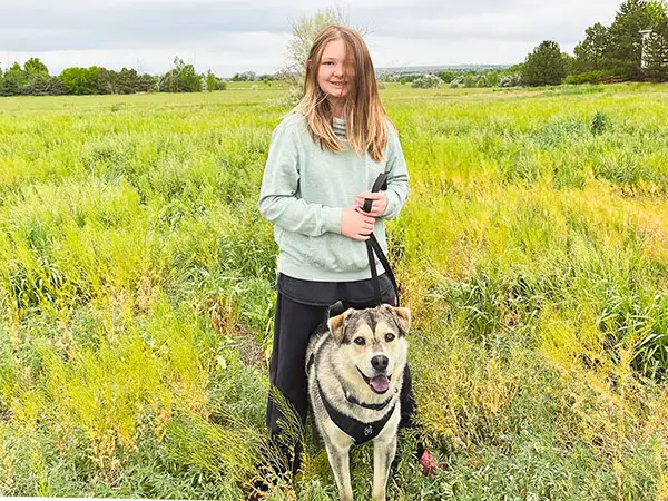 Cosmic Dog Training, client-dogs, Echo with Addison in a field, Colorado.