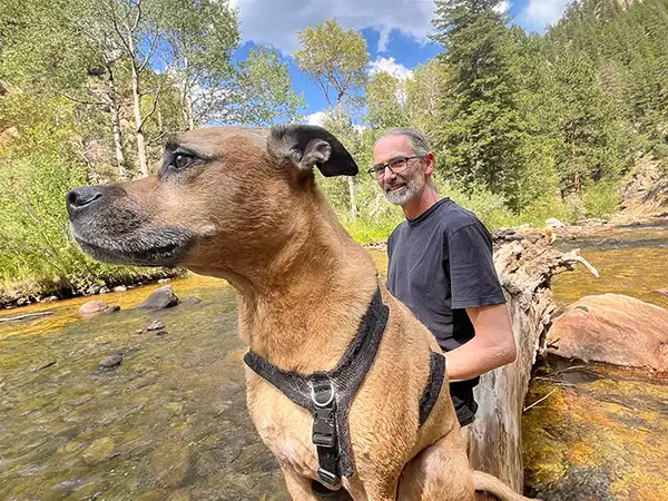 Cosmic Dog Training About Phillip Valentine Koda at Boulder Creek in the summer, Boulder, Colorado.